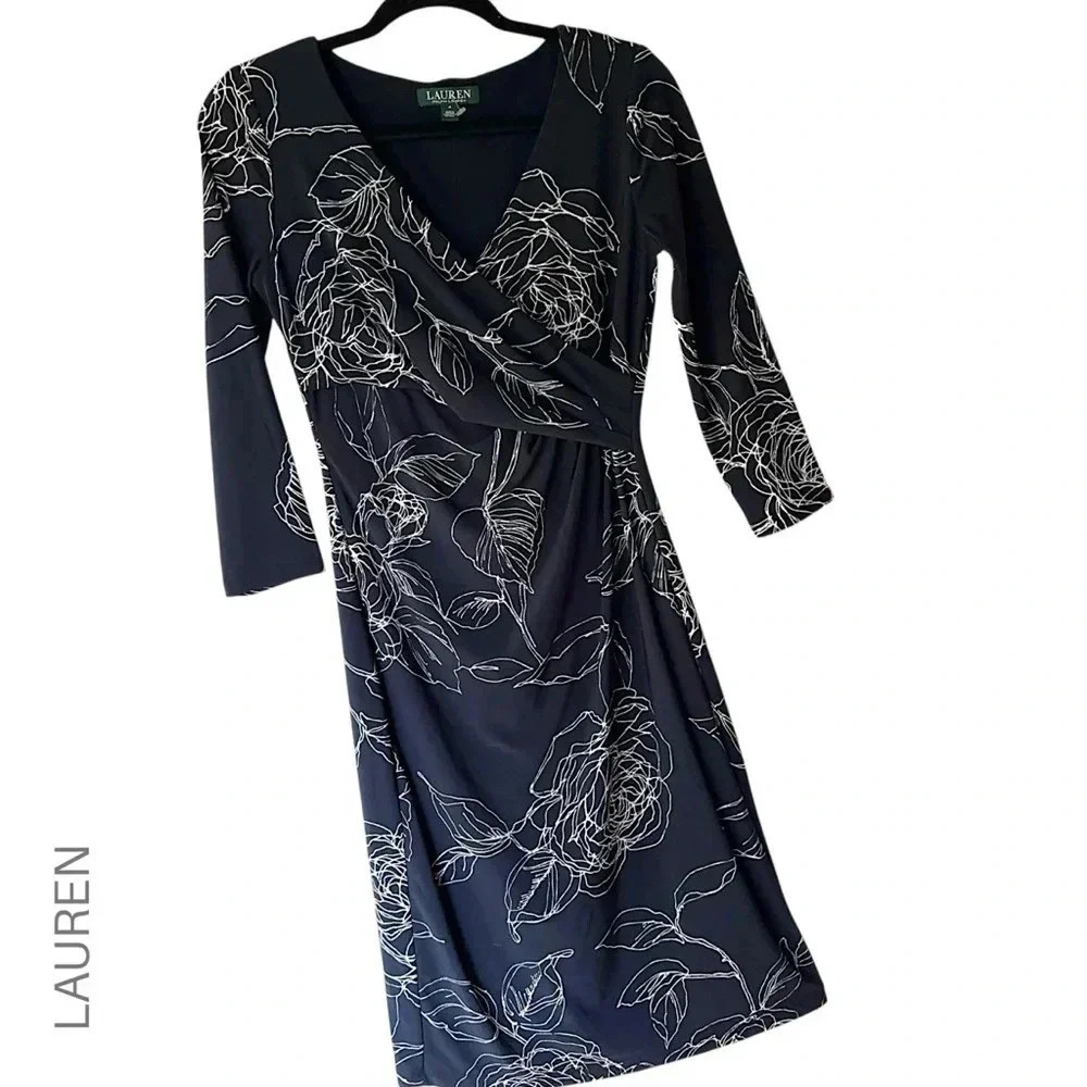 RALPH LAUREN NWOT SURPLICE NAVY BLUE & WHITE FLORAL DRESS | SIZE: 4